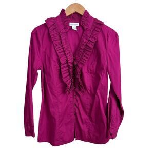 Soft Surroundings Magenta Pink Ruffle Tuxedo Blouse Top Button Down S Small
